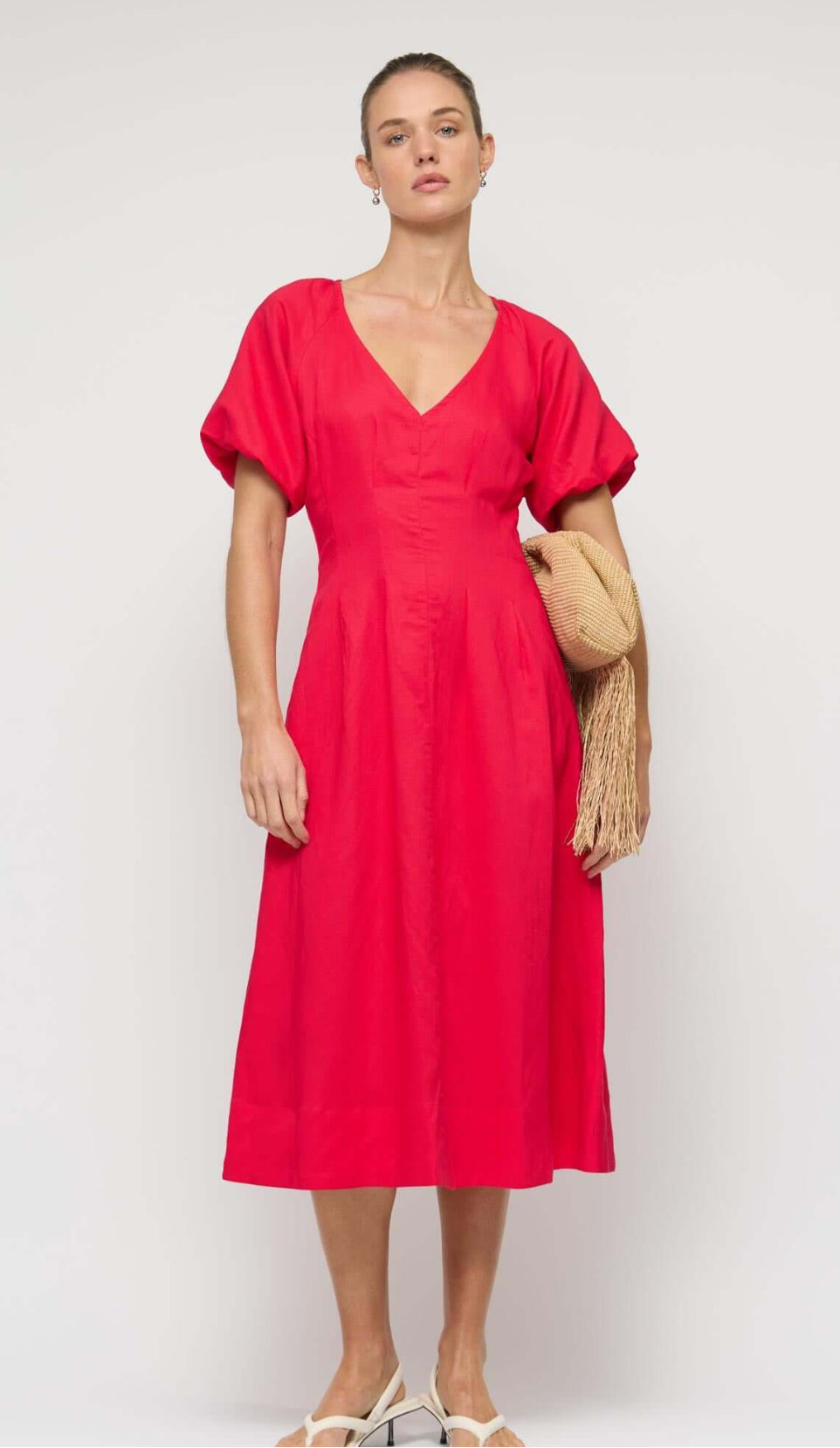 Valentina Red Linen Midi Dress - Main Image