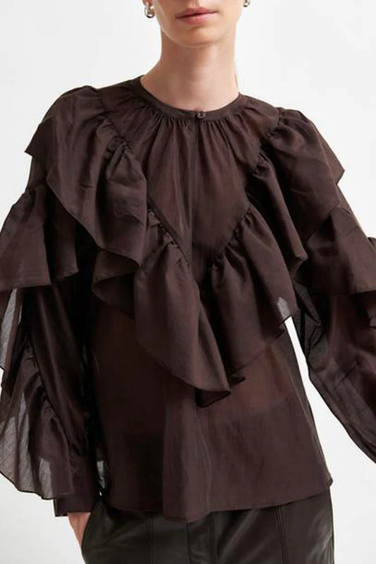 Fria Frill Blouse - Chocolate