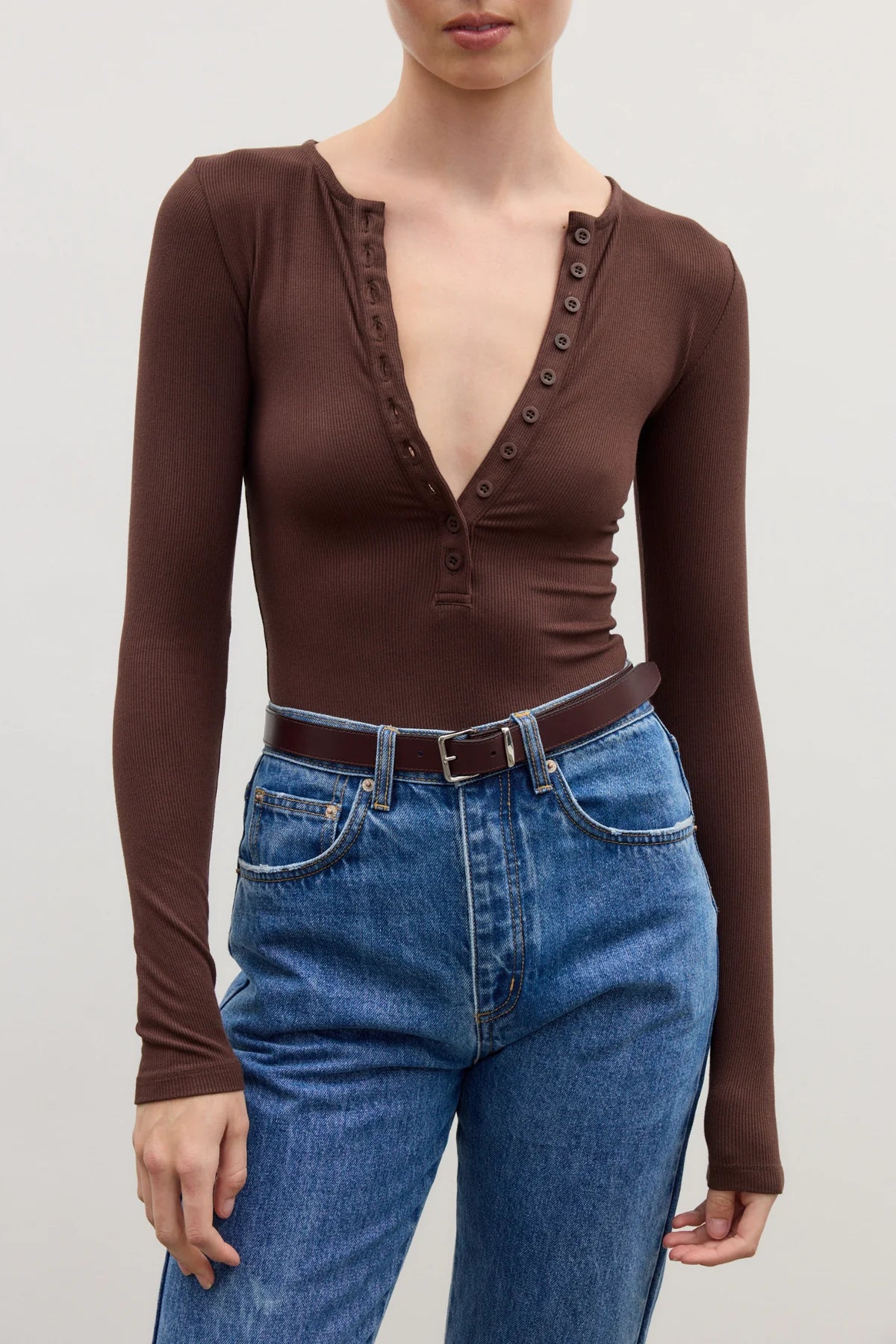 Lara Button Down Bodysuit - Chocolate