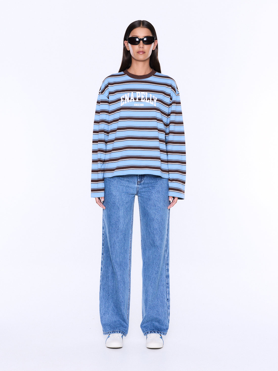 Maria Boxy Long Sleeve Tee - Blue Brown Stripe