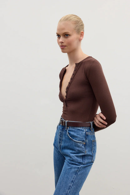 Lara Button Down Bodysuit - Chocolate