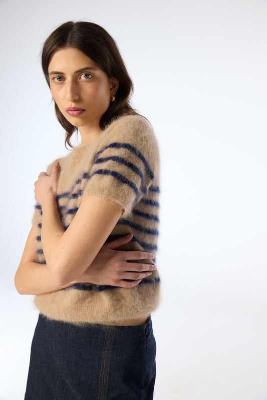 Georgia Stripe Knit Tee - Latte/Navy