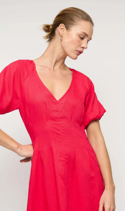 Valentina Red Linen Midi Dress
