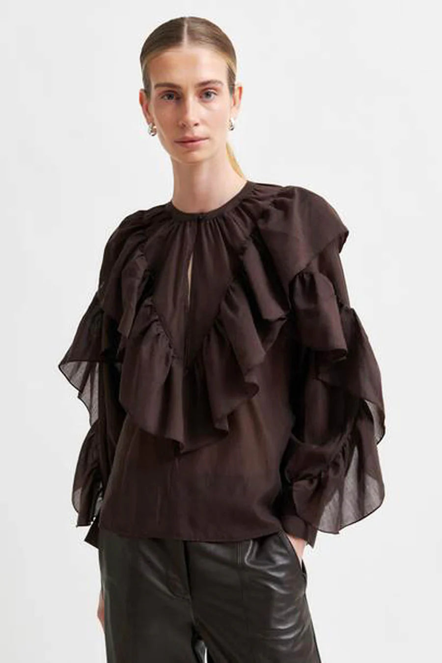 Fria Frill Blouse - Chocolate