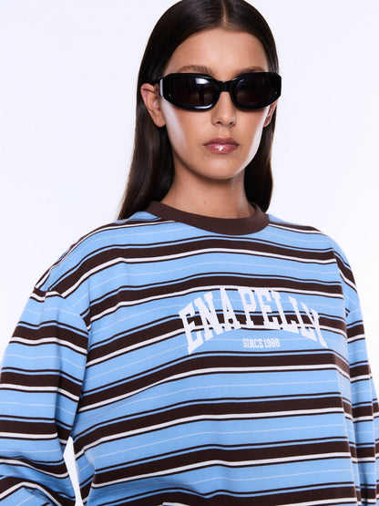 Maria Boxy Long Sleeve Tee - Blue Brown Stripe
