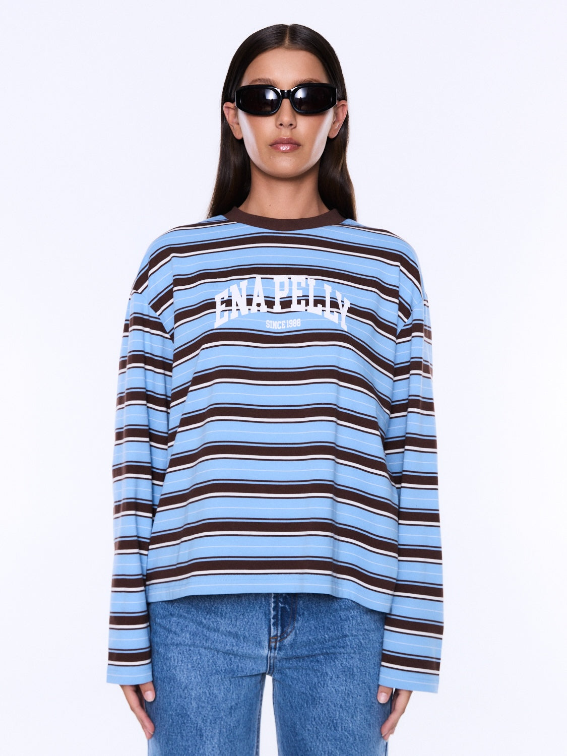 Maria Boxy Long Sleeve Tee - Blue Brown Stripe