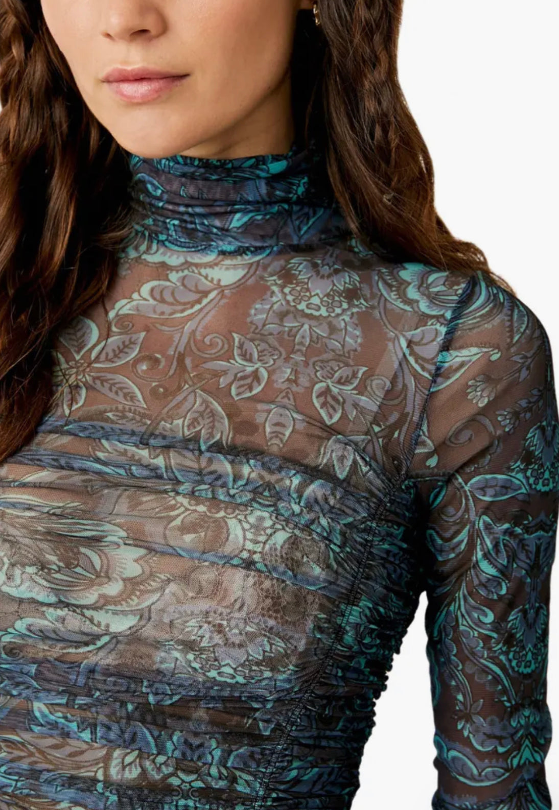 Under It All Ruched Mesh Turtleneck Bodysuit