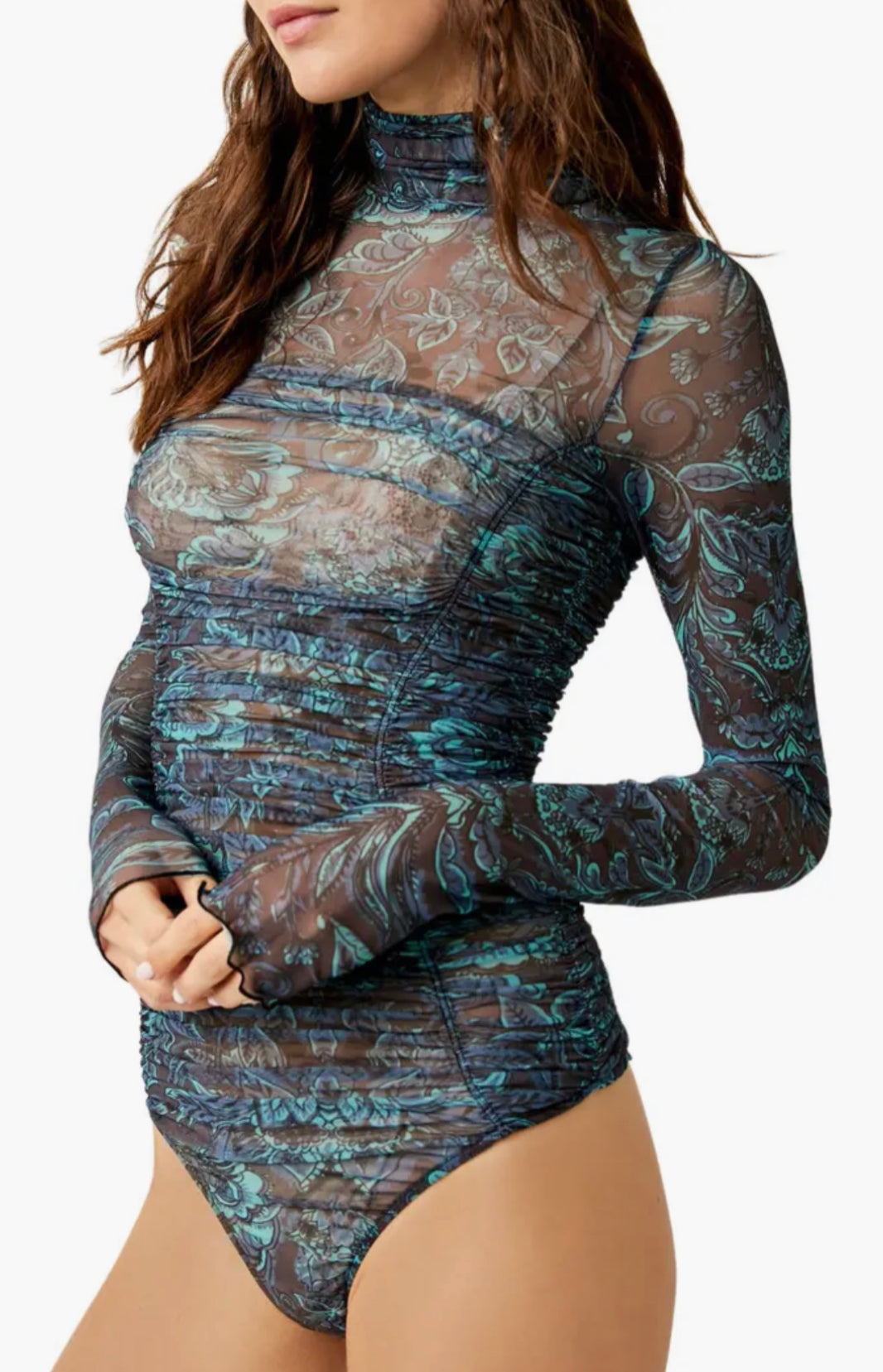 Under It All Ruched Mesh Turtleneck Bodysuit