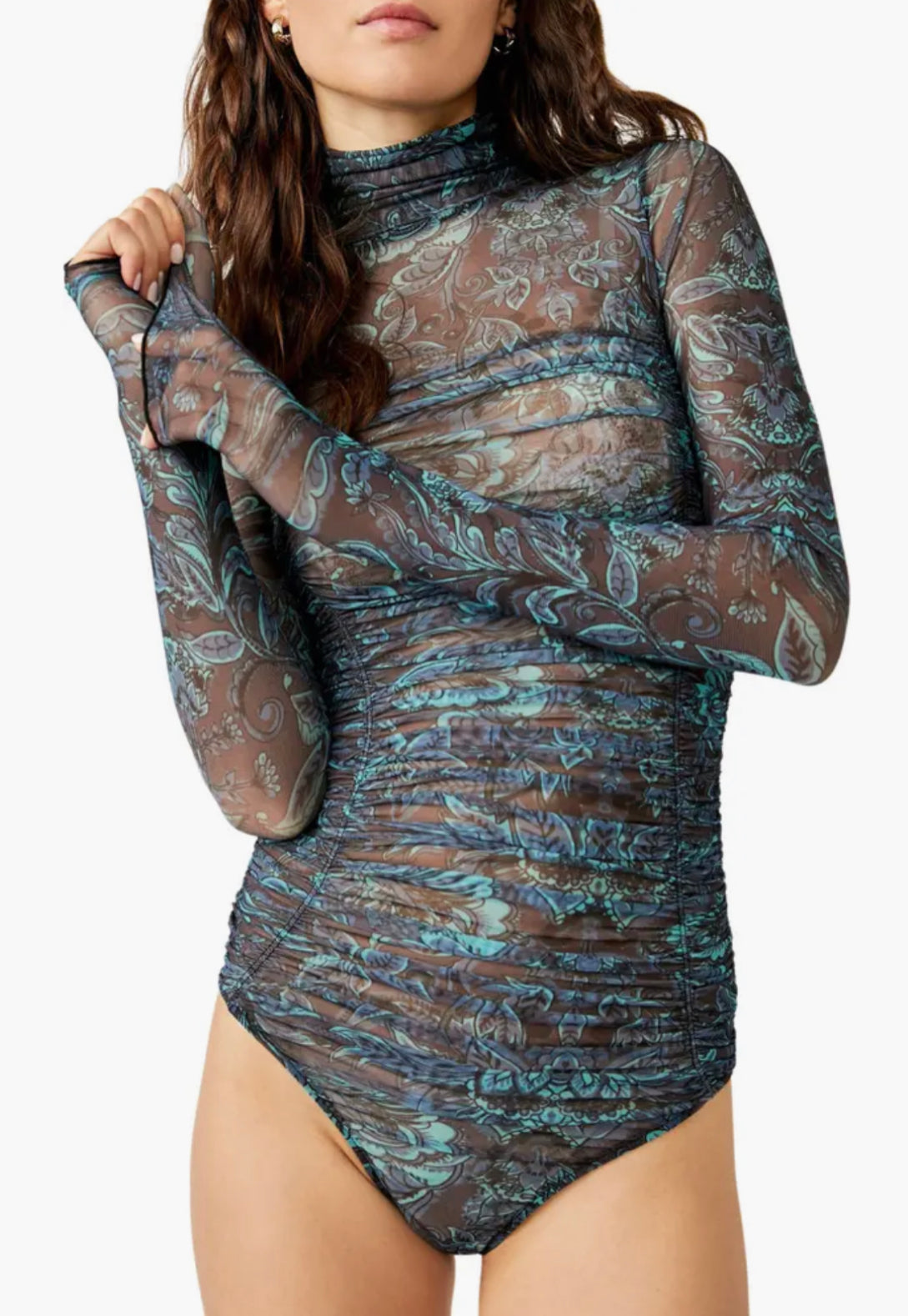 Under It All Ruched Mesh Turtleneck Bodysuit
