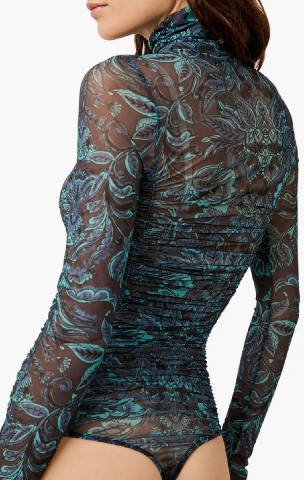 Under It All Ruched Mesh Turtleneck Bodysuit