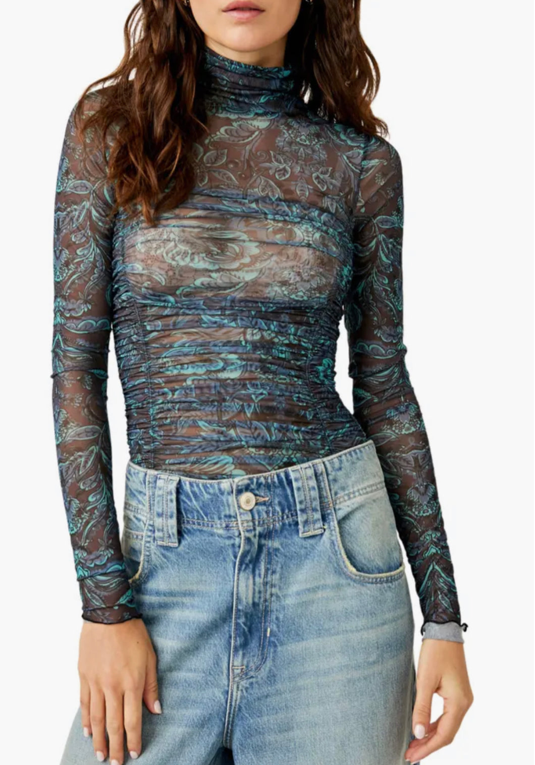 Under It All Ruched Mesh Turtleneck Bodysuit