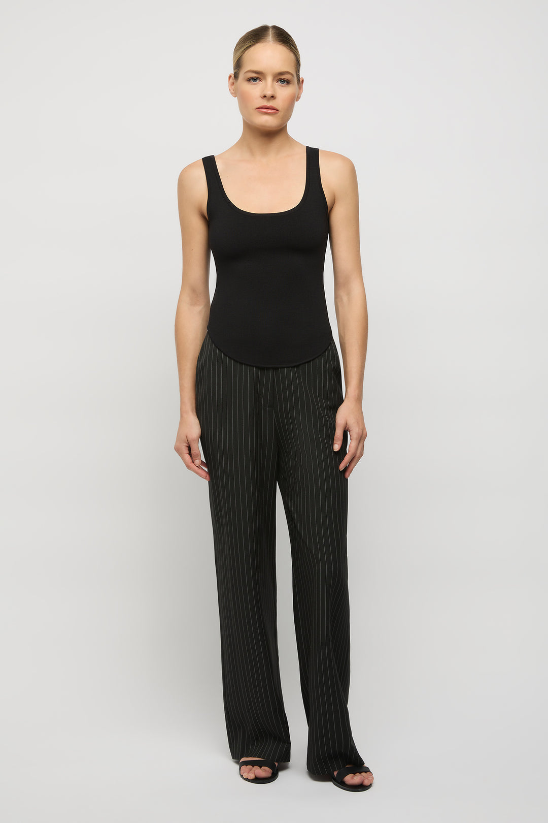 Curved Hem Crepe Knit Top - Black