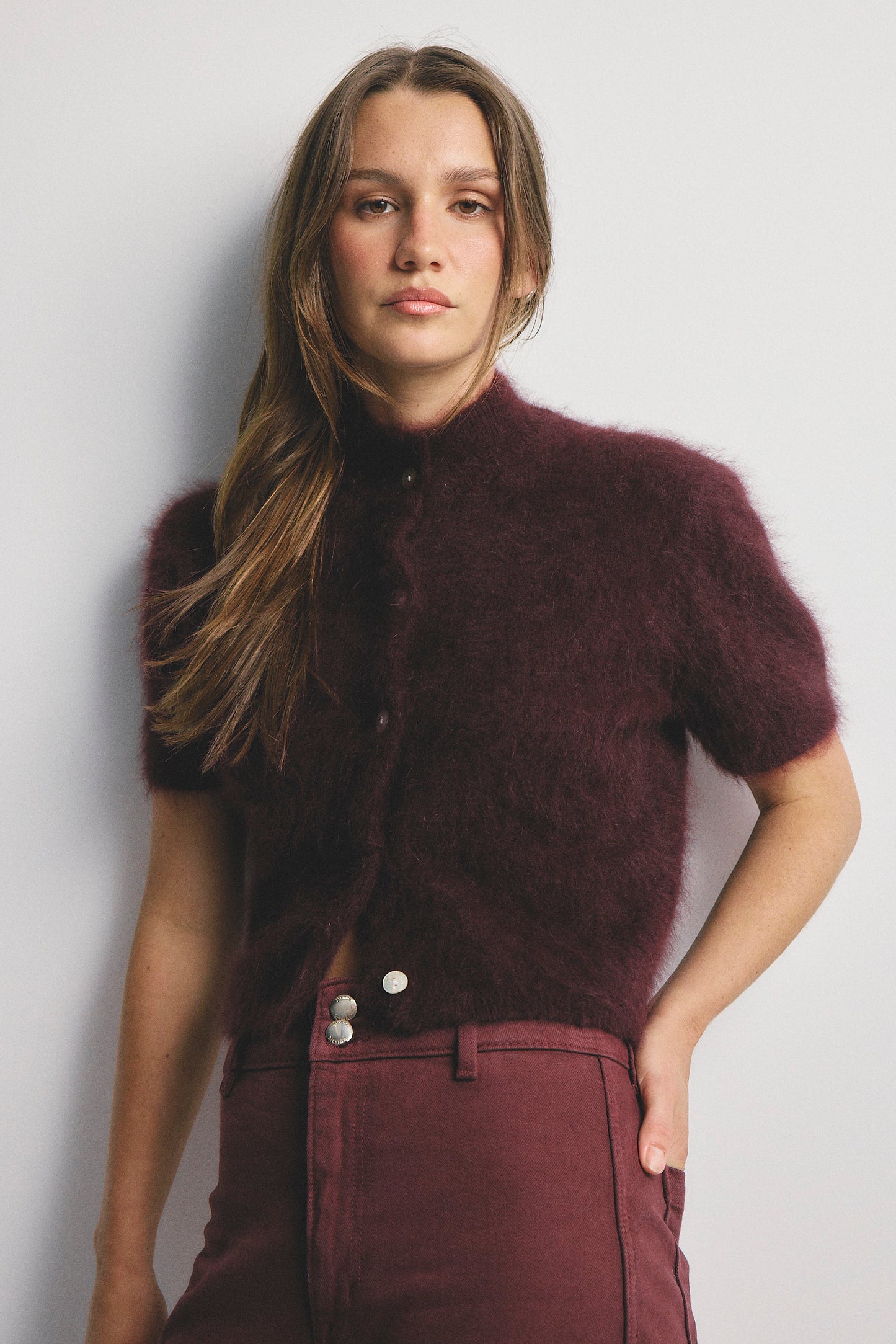 Claudia Short Sleeve Cardigan - Aubergine