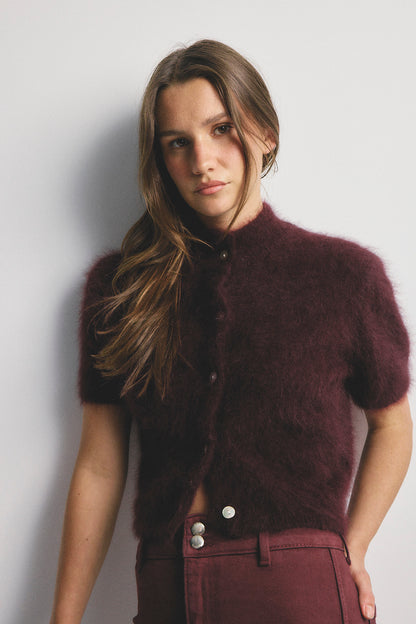 Claudia Short Sleeve Cardigan - Aubergine