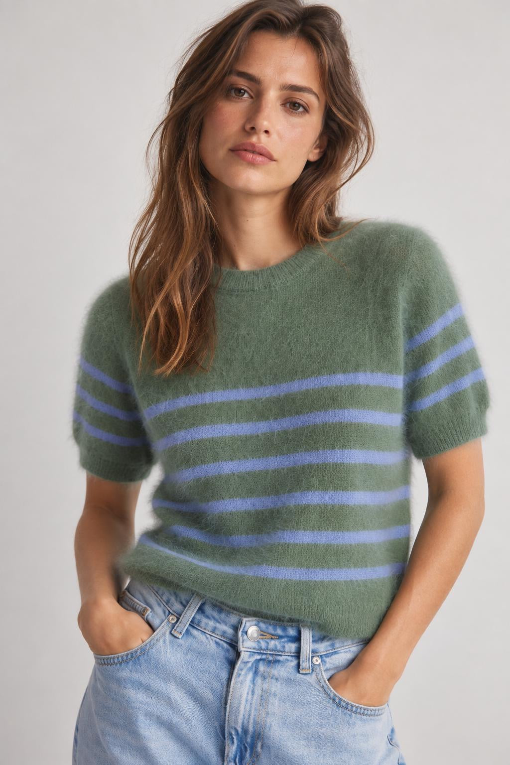 Georgia Stripe Knit Tee - SeaGrass/lilac