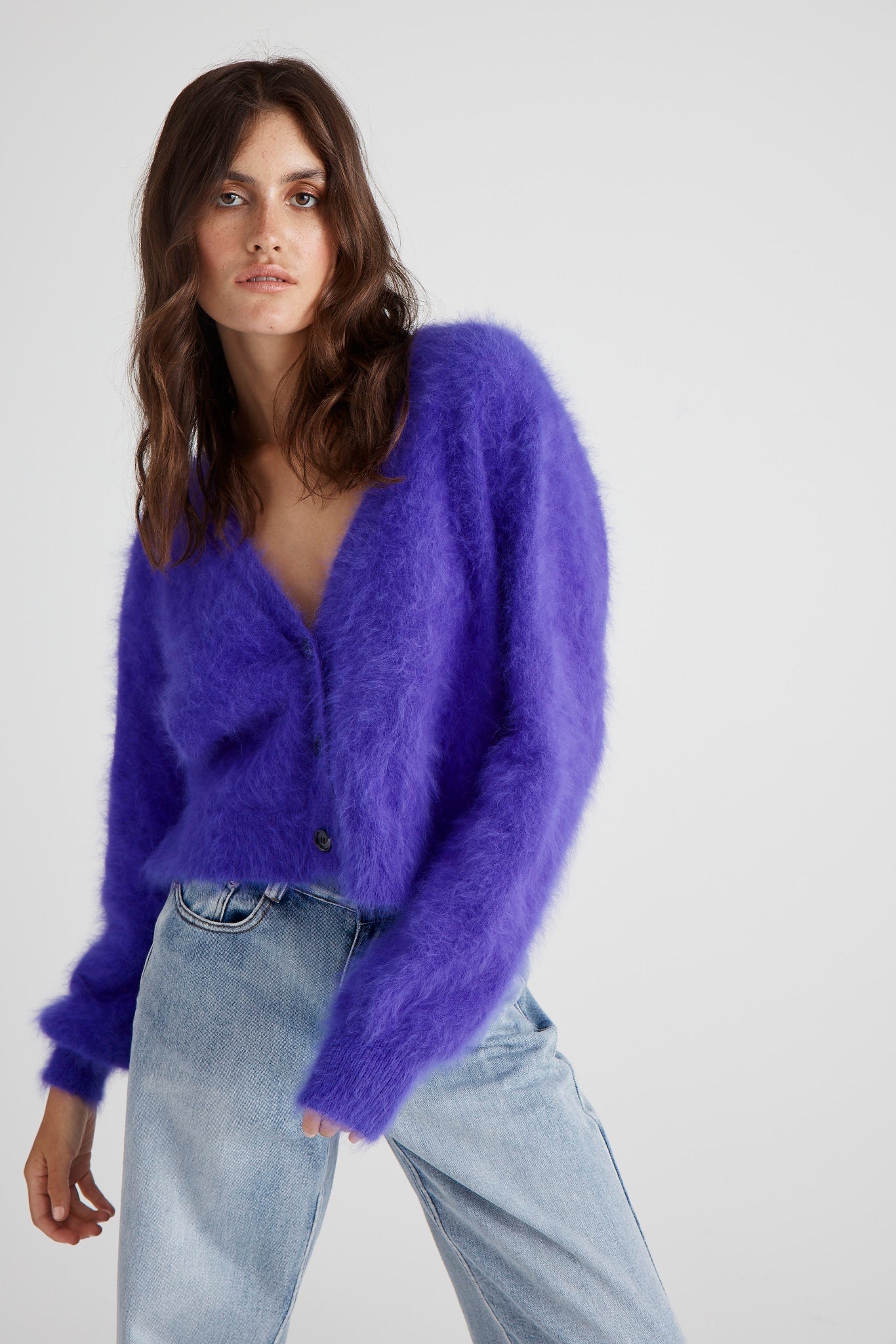 Purple fluffy cardigan hotsell